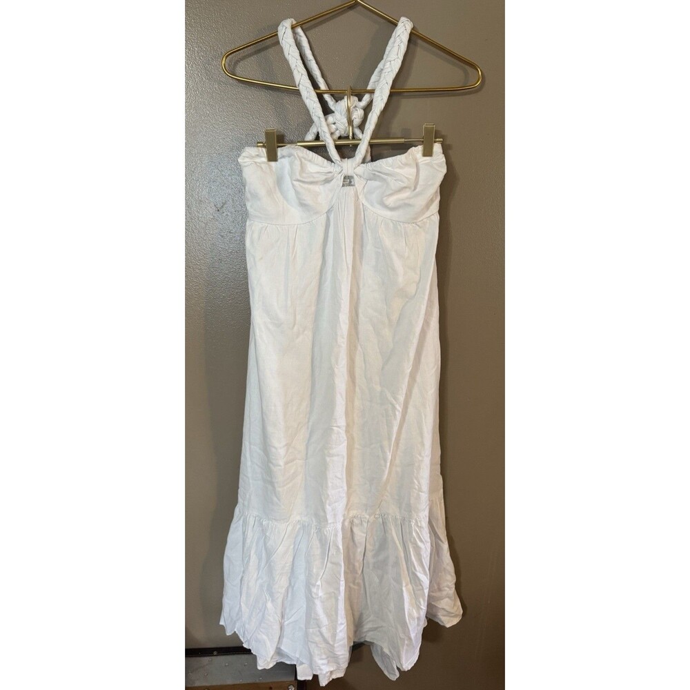 NEW Aerie White Linen Blend Braided Halter Hi-Low Summer Boho Maxi Dress M